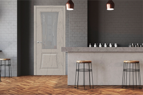 Дверь межкомнатная ЗОДЧИЙ ТВИСТ 2 ПО Шагрень айриш стекло мателюкс с гравировкой