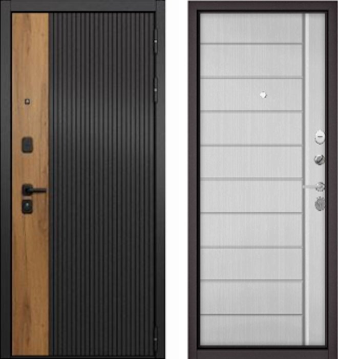 Входная дверь МАСТИНО CITY PRIME 401 Черный матовый + Дуб галифакс медовый / 136 белый ларче