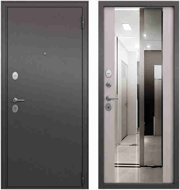 Дверь входная ФЭМИЛИ ЭКО Зеркало Шоколад букле / Бьянко ларче 2050*880*70 мм, ПРАВАЯ