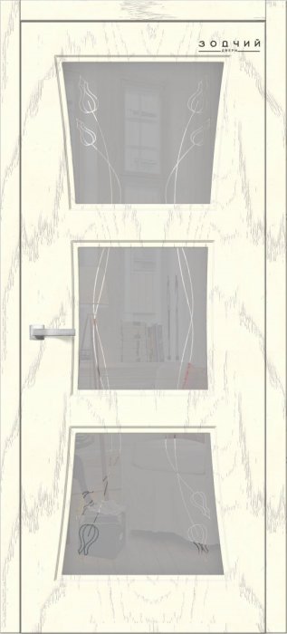Дверь межкомнатная ЗОДЧИЙ ТВИСТ 3 ПО Дуб опаловый стекло мателюкс с гравировкой