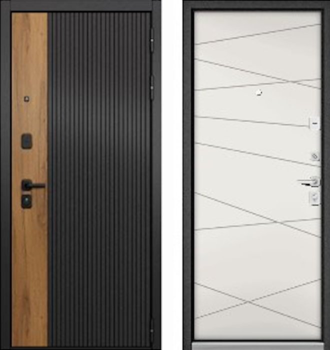 Входная дверь МАСТИНО CITY PRIME 401 Черный матовый + Дуб галифакс медовый / 130 белый софт
