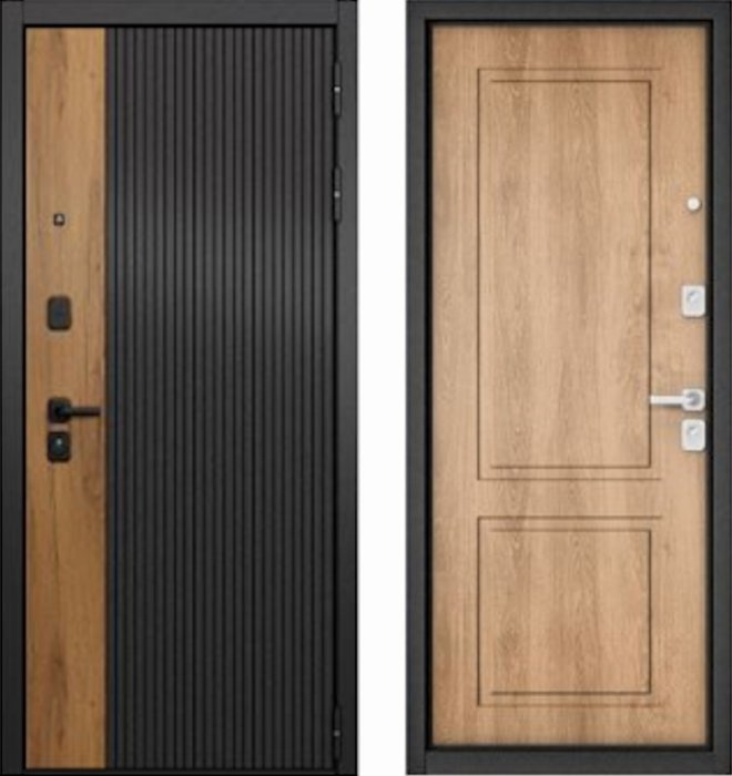 Входная дверь МАСТИНО CITY PRIME 401 Черный матовый + Дуб галифакс медовый / D-1 Дуб шале натуральный