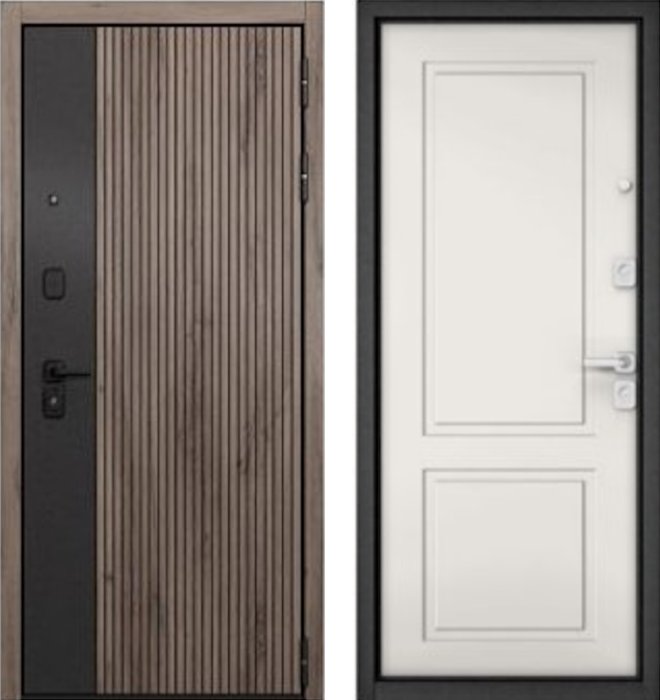 Входная дверь МАСТИНО CITY PRIME 401 Дуб галифакс грей + черный матовый / D-1 Белый матовый