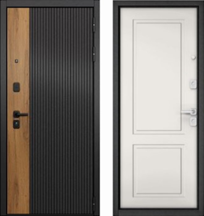 Входная дверь МАСТИНО CITY PRIME 401 Черный матовый + Дуб галифакс медовый / D-1 Белый матовый