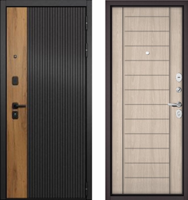 Входная дверь МАСТИНО CITY PRIME 401 Черный матовый + Дуб галифакс медовый / 137 Ясень Ривьера