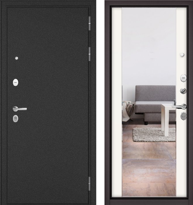 Входная дверь МАСТИНО TRUST MASS Металл Букле графит / 164 (зеркало) Белый матовый