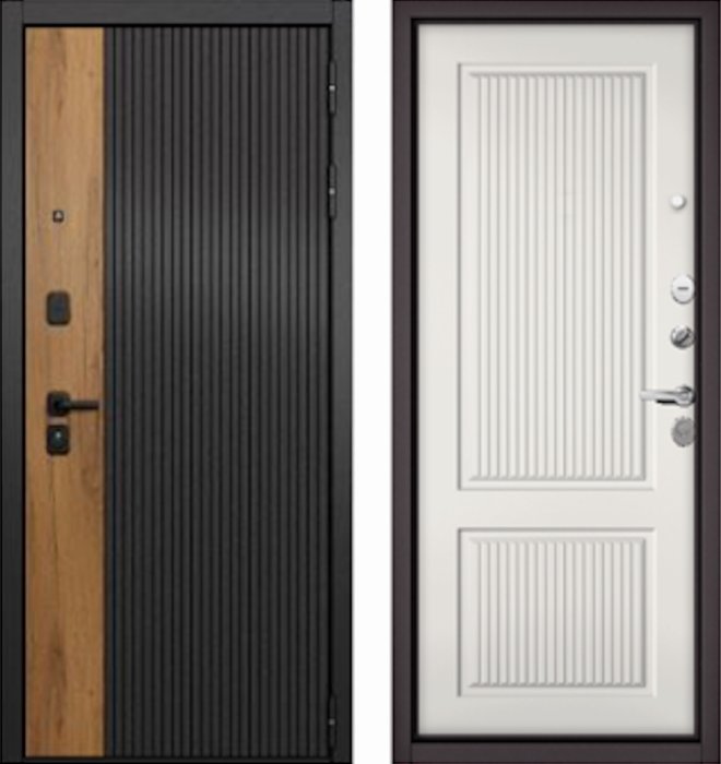 Входная дверь МАСТИНО CITY PRIME 401 Черный матовый + Дуб галифакс медовый / 198 Белый софт