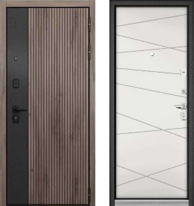 Входная дверь МАСТИНО CITY PRIME 401 Дуб галифакс грей + черный матовый / 130 Белый софт