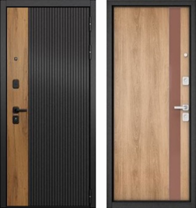 Входная дверь МАСТИНО CITY PRIME 401 Черный матовый + Дуб галифакс медовый / Si-3 Дуб шале натуральный + Matelac Silver Bronze
