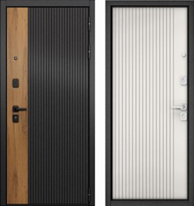 Входная дверь МАСТИНО CITY PRIME 401 Черный матовый + Дуб галифакс медовый / 161 Белый матовый Белый софт