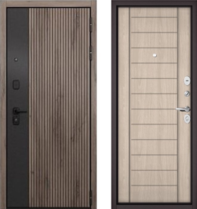 Входная дверь МАСТИНО CITY PRIME 401 Дуб галифакс грей + черный матовый / 137 Ясень ривьера айс