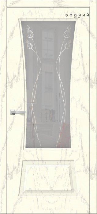Дверь межкомнатная ЗОДЧИЙ ТВИСТ 21 ПО Дуб опаловый стекло мателюкс с гравировкой
