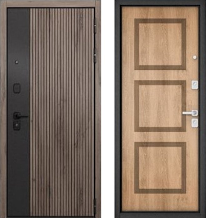 Входная дверь МАСТИНО CITY PRIME 401 Дуб галифакс грей + черный матовый / 192 Дуб шале натуральный