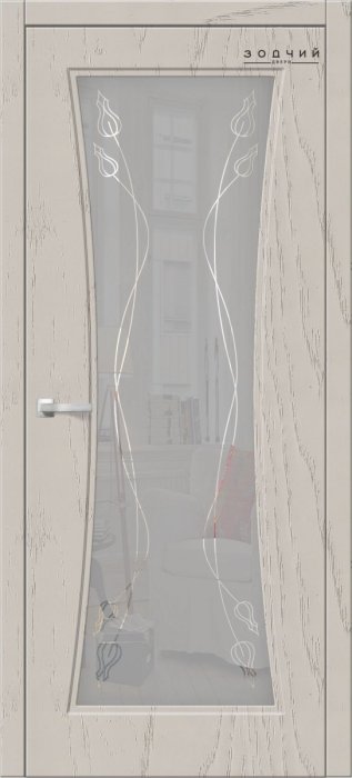 Дверь межкомнатная ЗОДЧИЙ ТВИСТ 1 ПО Дуб оникс стекло мателюкс с гравировкой