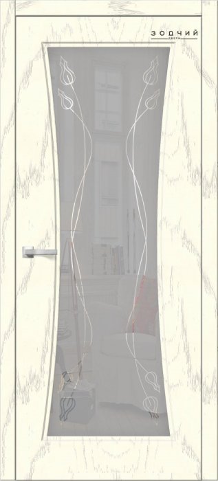 Дверь межкомнатная ЗОДЧИЙ ТВИСТ 1 ПО Дуб опаловый стекло мателюкс с гравировкой