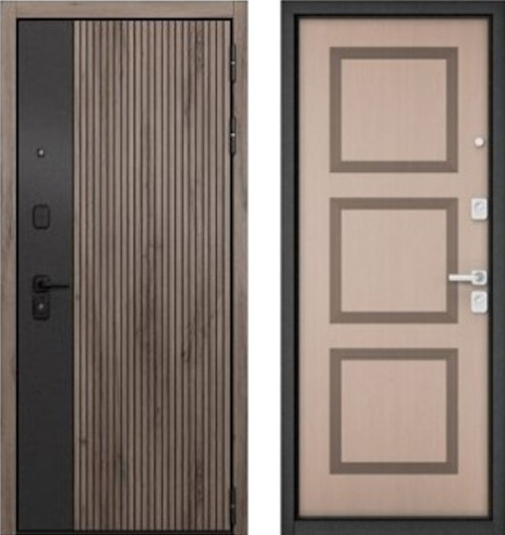 Входная дверь МАСТИНО CITY PRIME 401 Дуб галифакс грей + черный матовый / 192 Дуб кофейный матовый