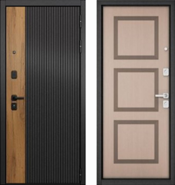 Входная дверь МАСТИНО CITY PRIME 401 Черный матовый + Дуб галифакс медовый / 192 дуб кофейный матовый