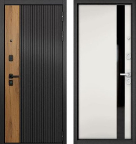 Входная дверь МАСТИНО CITY PRIME 401 Черный матовый + Дуб галифакс медовый / Si-3 Белый матовый + Lakobel Black