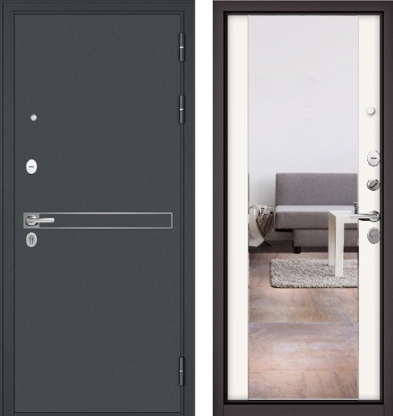 Входная дверь МАСТИНО TRUST MASS 4 Черный муар металлик / 164 (зеркало) Белый матовый