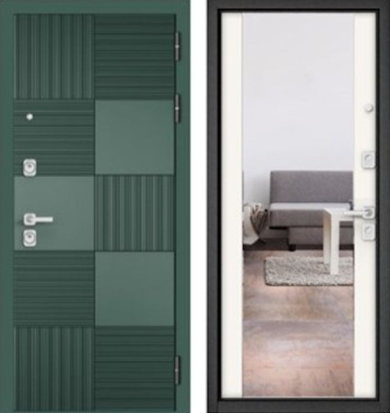 Входная дверь МАСТИНО CITY PRIME 173 Авокадо / AV-164 (зеркало) Белый матовый