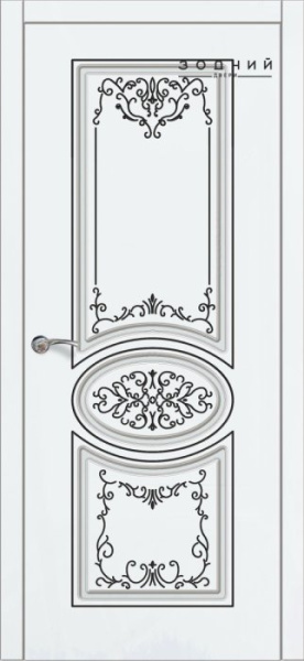 Дверь межкомнатная ЗОДЧИЙ ПАТРИСИЯ 1 ПАТИНА ЧЕРНАЯ ПО Шагрень молочная стекло мателюкс светлое