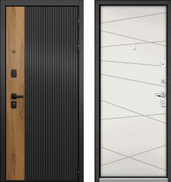 Входная дверь МАСТИНО CITY PRIME 401 Черный матовый + Дуб галифакс медовый / 130 белый софт