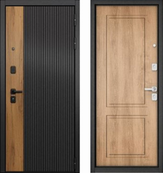 Входная дверь МАСТИНО CITY PRIME 401 Черный матовый + Дуб галифакс медовый / D-1 Дуб шале натуральный