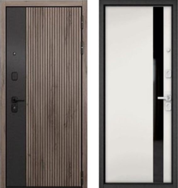 Входная дверь МАСТИНО CITY PRIME 401 Дуб галифакс грей + черный матовый / Si-3 Белый матовый + Lakobel Black