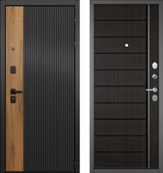 Входная дверь МАСТИНО CITY PRIME 401 Черный матовый + Дуб галифакс медовый / 136 шоколад ларче