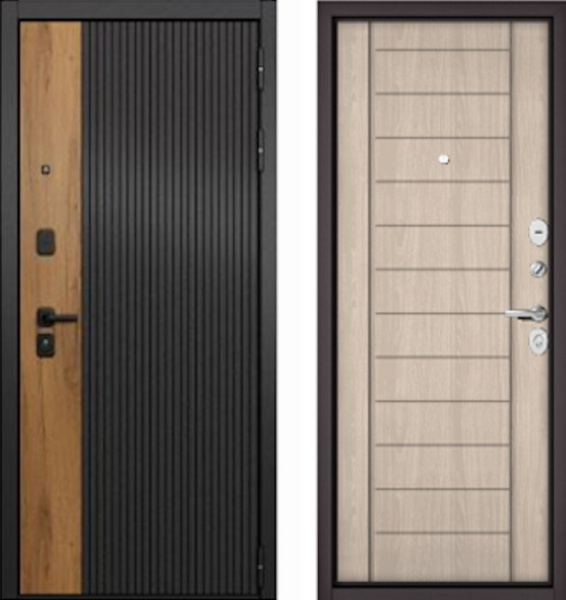 Входная дверь МАСТИНО CITY PRIME 401 Черный матовый + Дуб галифакс медовый / 137 Ясень Ривьера