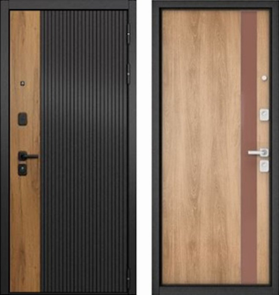 Входная дверь МАСТИНО CITY PRIME 401 Черный матовый + Дуб галифакс медовый / Si-3 Дуб шале натуральный + Matelac Silver Bronze