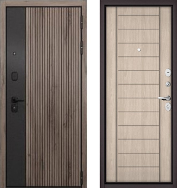Входная дверь МАСТИНО CITY PRIME 401 Дуб галифакс грей + черный матовый / 137 Ясень ривьера айс