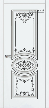 Дверь межкомнатная ЗОДЧИЙ ПАТРИСИЯ 1 ПАТИНА ЧЕРНАЯ ПО Шагрень молочная стекло мателюкс светлое