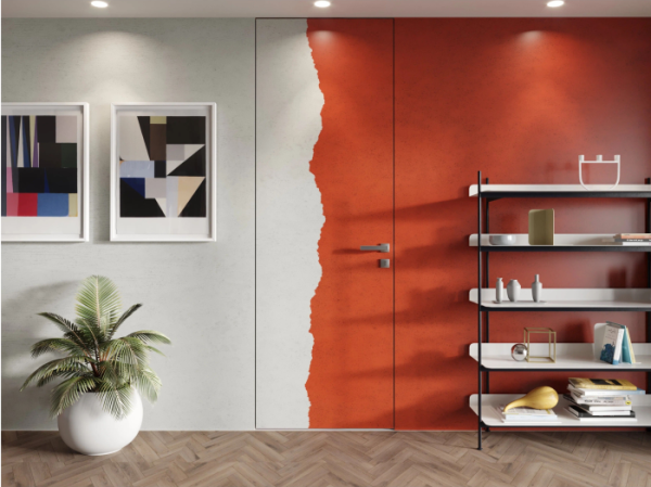 Дверь межкомнатная скрытая Бизнес Парк обратного открывания INVISIBLE 60 под покраску, черная алюминиевая кромка с 3-х сторон