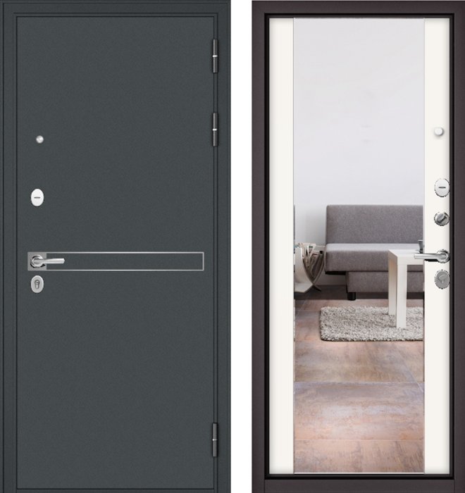 Входная дверь МАСТИНО TRUST MASS 4 Черный муар металлик / 164 (зеркало) Белый матовый