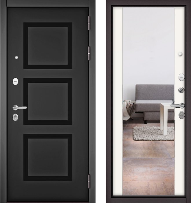 Входная дверь МАСТИНО TRUST MASS 192 Черный матовый / 164 (зеркало) Белый матовый