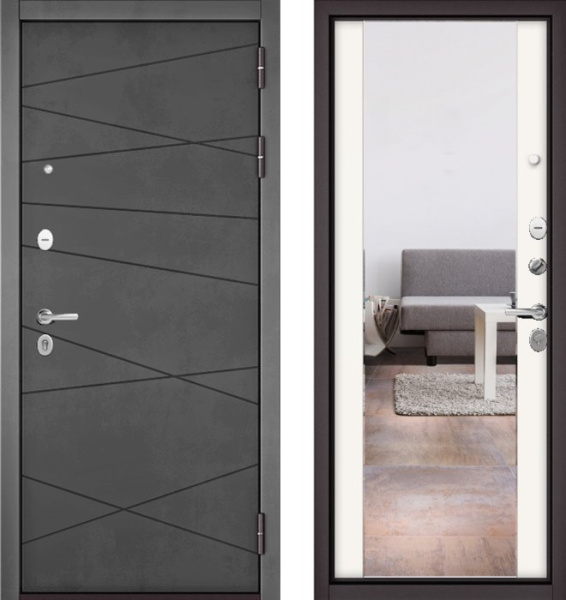 Входная дверь МАСТИНО TRUST MASS 130 Бетон темный / 164 (зеркало) Белый матовый