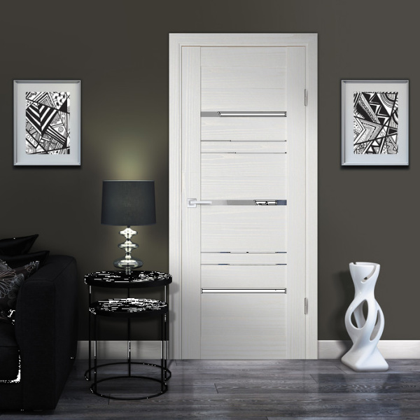 Дверь межкомнатная Бизнес Парк КРИСТАЛ 15 Стекло зеркальное ПВХ Ясень ривьера айс 600*2000 мм