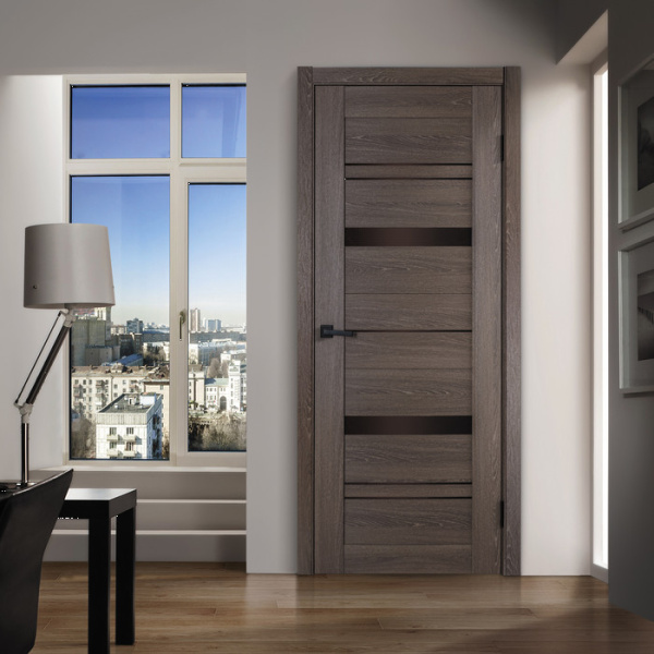 Дверь межкомнатная остекленная Бизнес Парк КРИСТАЛ 10 цвет - Орех мраморный, стекло - Лакобель коричневый 600*2000 мм