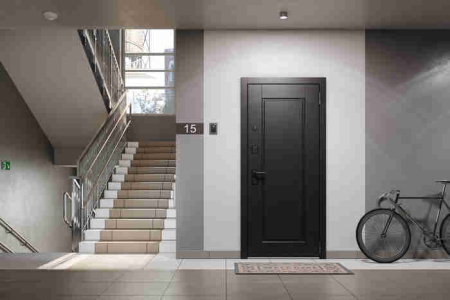 Дверь входная ТРАСТ ЭКО PP, Антрацит букле, рис. 9ED-0, Черный матовый/Эмаль белоснежная 2050*860*90 мм, ПРАВАЯ